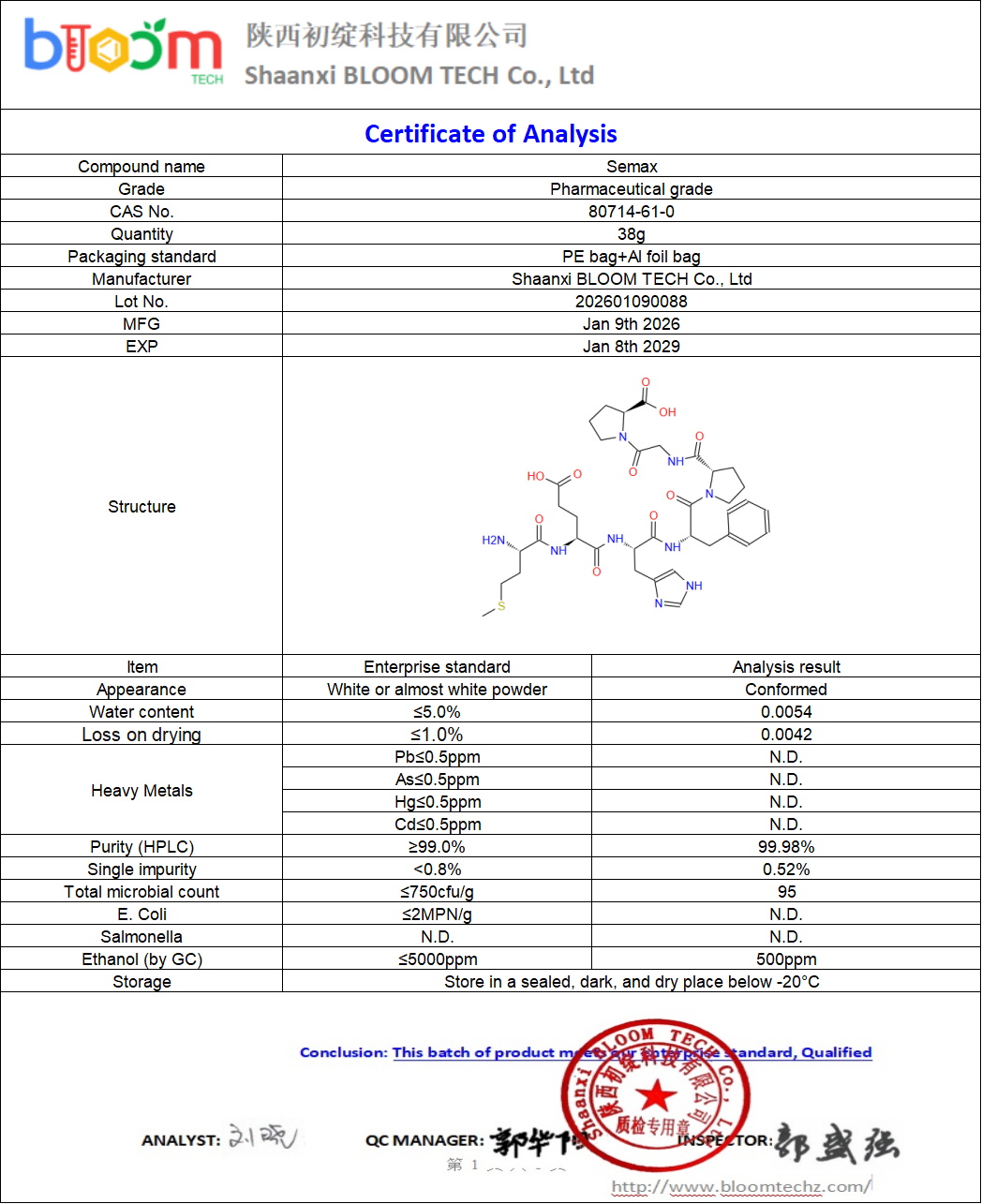 Semax COA | Shaanxi BLOOM Tech Co., Ltd Semax COA | Shaanxi BLOOM Tech Co., Ltd
